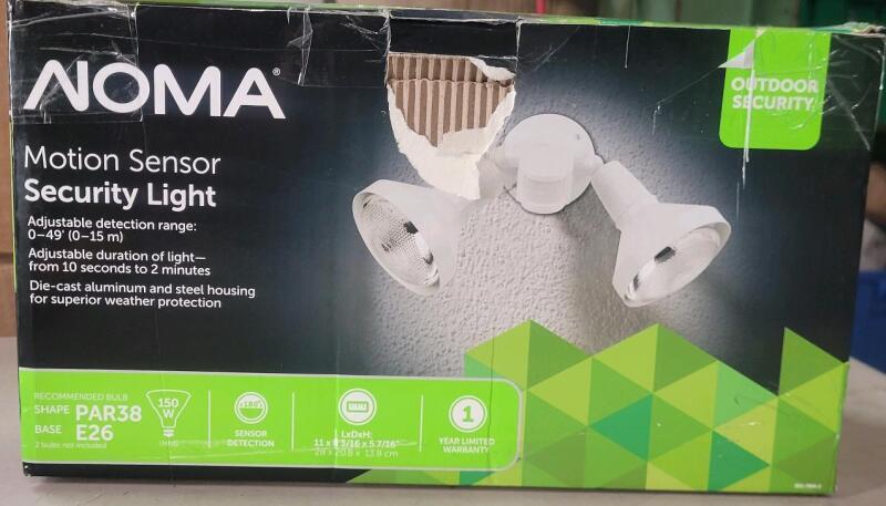 As-New NOMA 180 Degree Outdoor Motion Sensor Security Light, Shape: PAR38, Base: E26, Requires 2&times; 150W Bulbs (Not Included) [48 Hour R&T Warranty, See Description] Retails $52.99