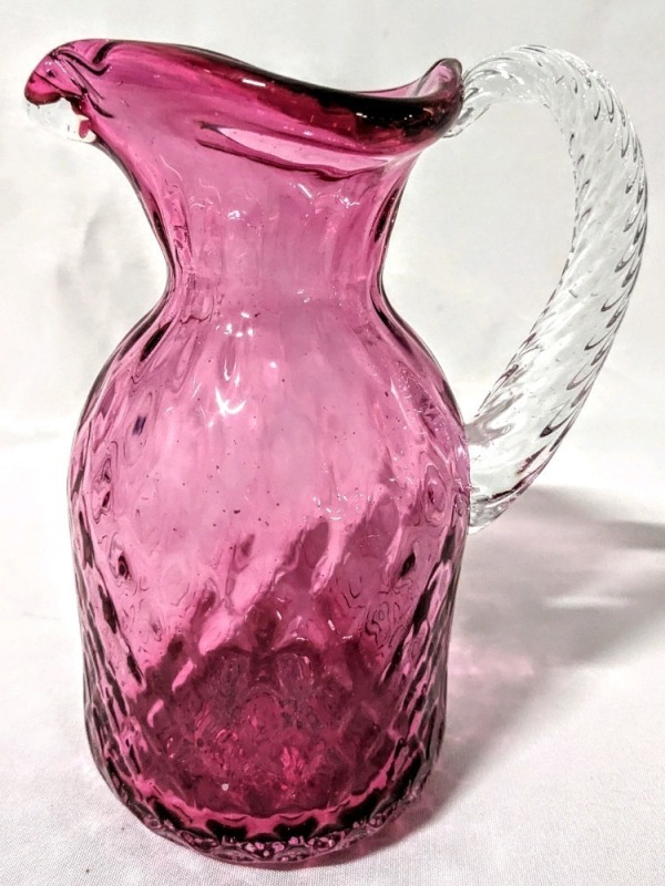 Gorgeous Cranberry Glass Pitcher with Clear Handle.
