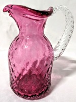 Gorgeous Cranberry Glass Pitcher with Clear Handle.