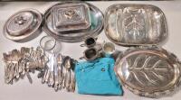 Large Lot Vintage Silverplate Serving Plates & Community Silverware with BIRKS Cloth Bag