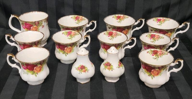 Royal Albert " Old Country Roses " Tea & Coffee Cups plus Salt and Pepper Shakers . 3 Coffee Cups , 6 Tea Cups , Creamer & Salt and Pepper Shakers