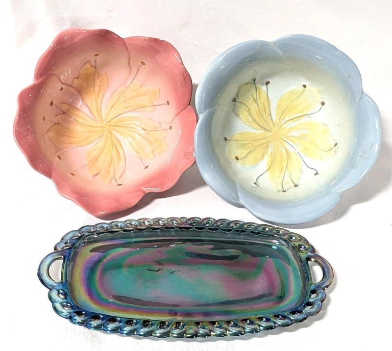 2 Marching Flower Bowls & Small Carnival Glass Tray with Handles