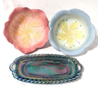 2 Marching Flower Bowls & Small Carnival Glass Tray with Handles