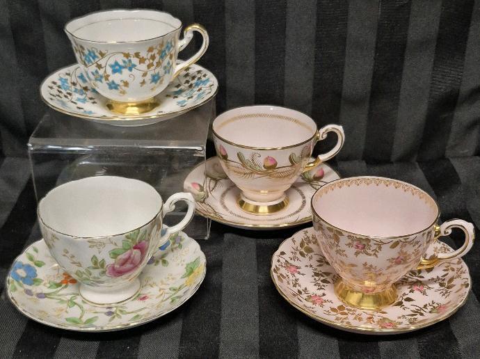 4 Vintage Teacup & Saucers - Tuscan & Royal Chelsea