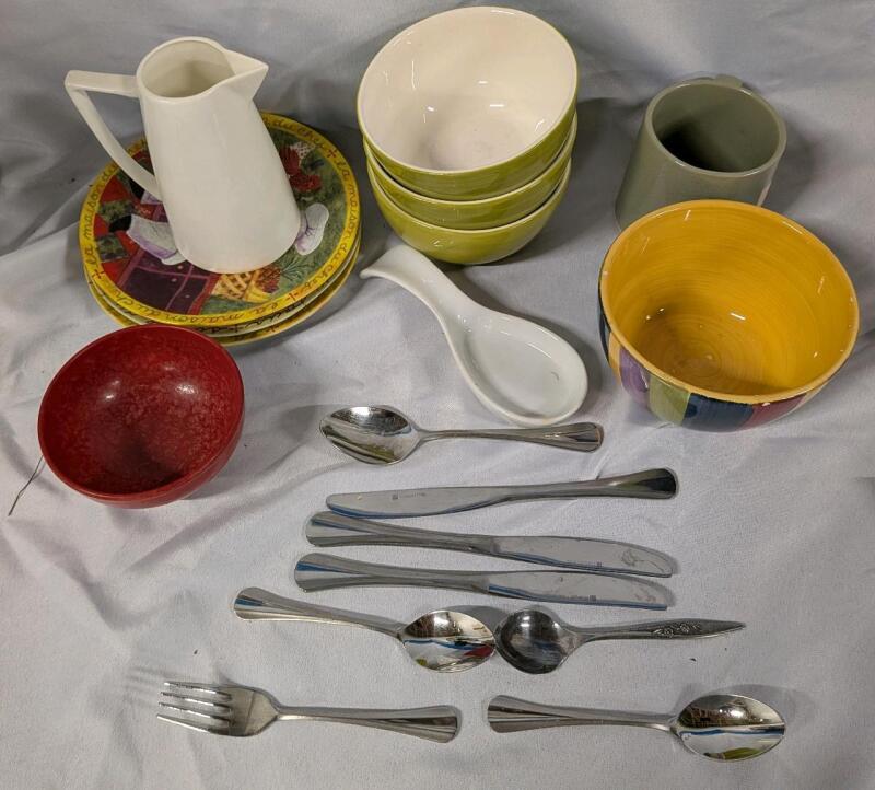 Kitchen lot, dishes, plates Bowls and More! Pitcher measures 5.75" Tall