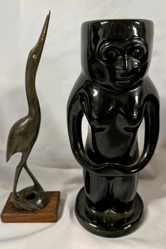 2 Vintage Statues/Vessels. Stone Heron Statue and Porcelain Vessel.
