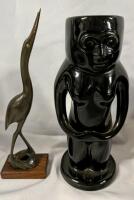 2 Vintage Statues/Vessels. Stone Heron Statue and Porcelain Vessel.