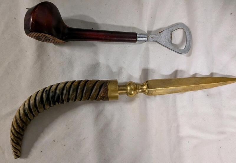 Gold Club Bottle Opener and Horn Styled Letter Opener. Letter Opener Approximately 11" Long