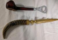 Gold Club Bottle Opener and Horn Styled Letter Opener. Letter Opener Approximately 11" Long