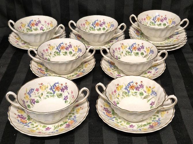 7 Vintage Royal Doulton - Easter Morn - Cream Soup Bowls & Saucers