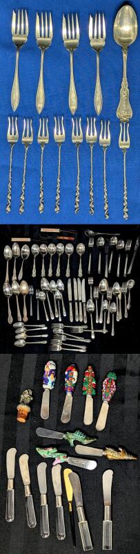 13pcs Antique to Vintage Stamped STERLING Cutlery incl Birks Forks, Assorted Cutlery (Rogers Bros, National Plate) + Butter / Cheese Knives