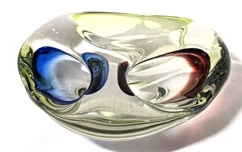 MCM Blown Glass Hand Made Ashtray in Primary Colors (Red, Yellow, Blue)