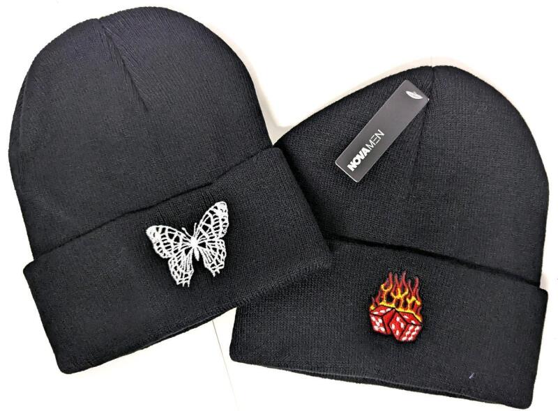 2 New O/S Unisex FASHION NOVA / NOVA MEN Embroidered Winter Beanies : Butterfly Princess & Flaming Dice
