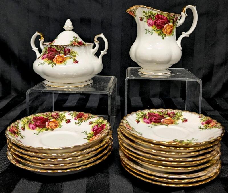 Vintage ROYAL ALBERT Old Country Roses Creamer & Lidded Sugar Bowl, 5&times; Deeper Saucers 5.4", 9&times; Saucers 5.8", No Chips or Cracks, All Saucers Ring True