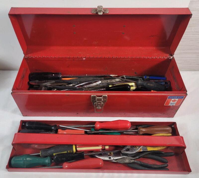 Mastercraft Red Metal Tool Box filled with Screwdrivers & Wrenches .