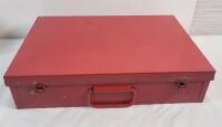 Red Metal Tool Box Case . Measures 16 ⅜"&times;11 &frac14;"&times;3 &frac34;"