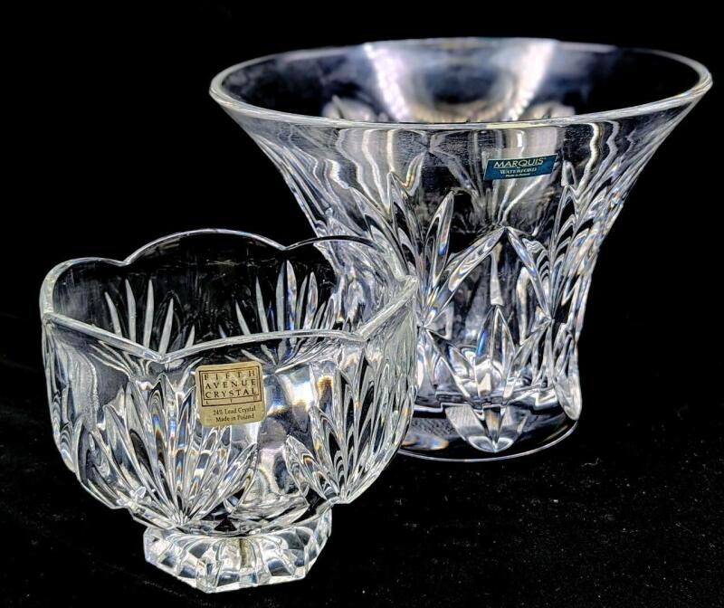 Vintage Polish Crystal: WATERFORD Marquis Crystal Vase & Fifth Avenue Crystal Bowl, Up To 5.8" Tall, No Chips or Cracks, Sone Residue Inside Fifth Ave