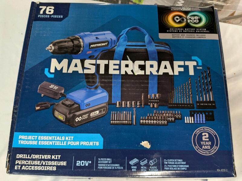 Mastercraft 20V 1-Speed Drill/Driver with 76-pc Accessory Kit, 2.0 Ah PWR POD Battery, Charger & Case, PWR POD Compatible. $130 retail value in New condition.