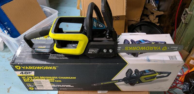 Yardworks 48 V Max Lithium-ion Brushless Chainsaw, 4 Ah Battery Included , 14-in. Retails for $380 in New Condition
