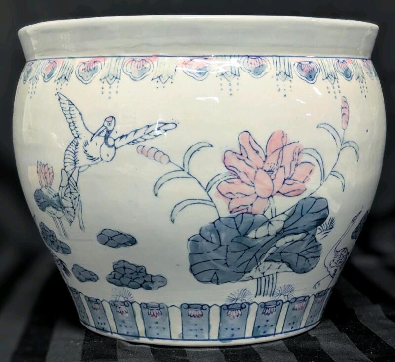 Large Vintage Chinese Porcelain Pot With Lily Pad & Cranes Motif, 12.25" Diameter &times; 10" Tall, No Chips or Cracks