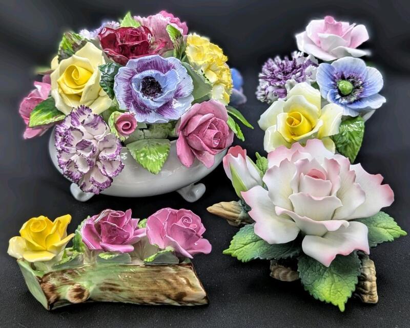 4 Vintage Bone China & Porcelain Floral Centerpieces: ROYAL ADDERLY Up to 4.25", RADNOR & ANDREA by Sadak, Cracks, Crazing And Chipping Noted On Large ADDERLY Piece