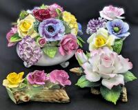 4 Vintage Bone China & Porcelain Floral Centerpieces: ROYAL ADDERLY Up to 4.25", RADNOR & ANDREA by Sadak, Cracks, Crazing And Chipping Noted On Large ADDERLY Piece