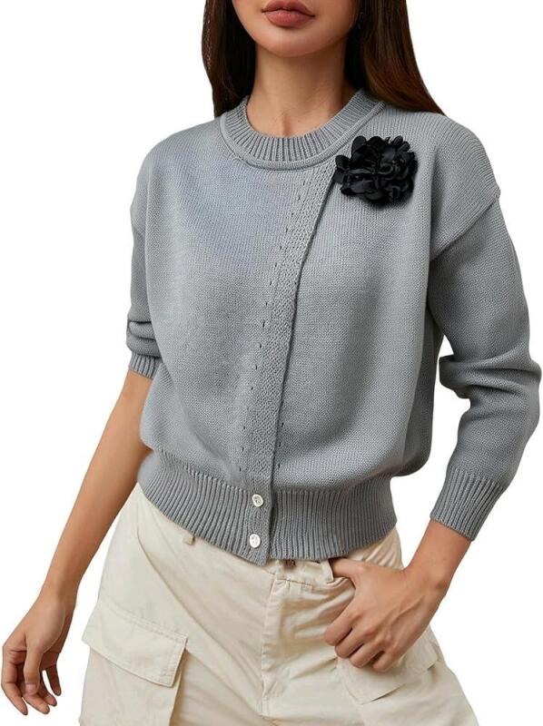 New Size Small Women's Knit 3D Floral Wrap Sweater Crew Neck Long Sleeve Pullover Sweatshirt