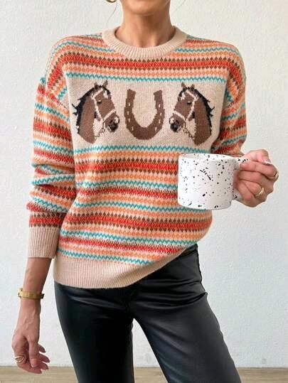 New Size Med Women's Retro Style Knit Horse Crewneck Sweater