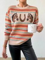 New Size Med Women's Retro Style Knit Horse Crewneck Sweater