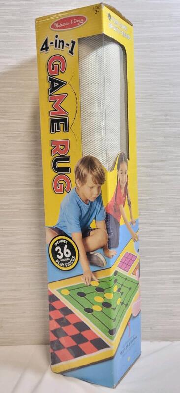 Melissa & Doug 4-in-1 Game Mat & Game Pieces . Checkers , Solitaire & Nine Men's Morris . Rug measures 78.5"&times;26.5" .