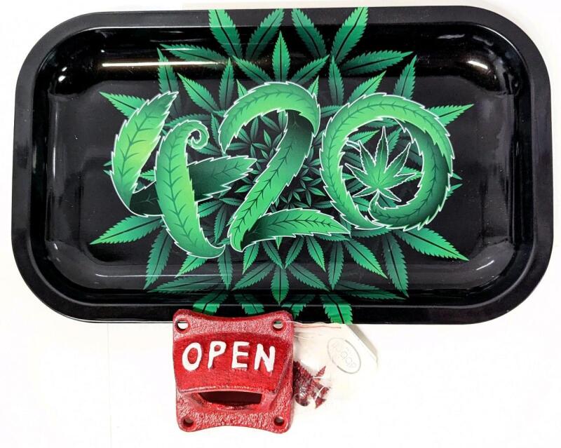 New ABOTT Cast Iron Wall-Mount "Open" Bottle Opener 2.4" &times; 2.5" & Famous Brands Puff Puff Pass 420 Rolling Tray 10.6" &times; 6.3" (Marks & Scuffs)
