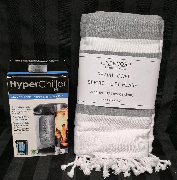 New Linencorp Beach Towel & HyperChiller Iced Coffee Cup 12.5 oz