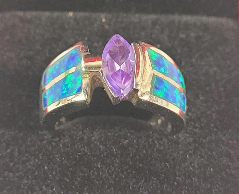 Tulu & Co. Sterling Silver Blue Fire Opal & Amethyst Inlay Women's Ring , Size 6