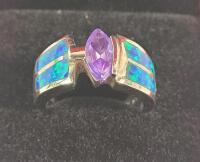 Tulu & Co. Sterling Silver Blue Fire Opal & Amethyst Inlay Women's Ring , Size 6