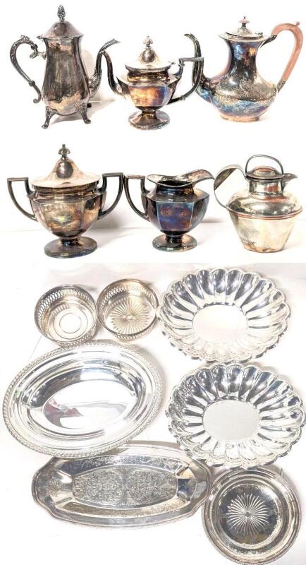 Vintage Silver Plate Coffee Pots, Creamer & Sugar Dish, Serving Dishes+ Up to 10" Tall, Incl: Forbes Plated Warranted, Sheffield LBS Co, WMA Rogers, Viking, B+W, Primrose, Victorian Plate