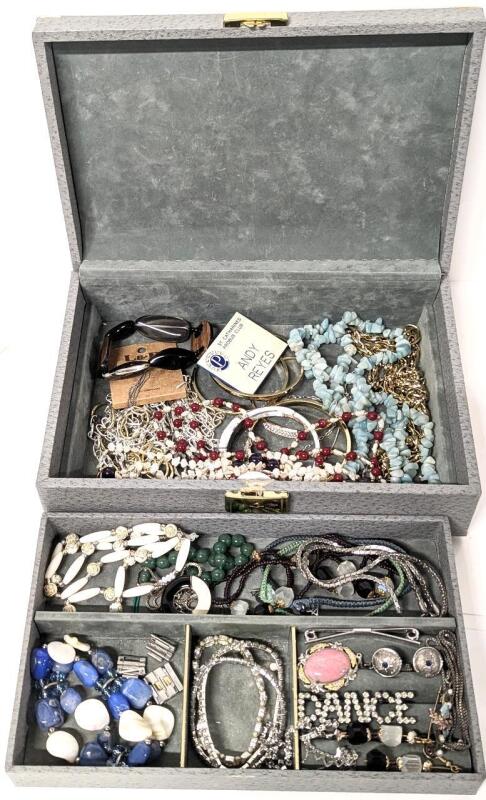 Assorted Jewelry in 10.25" &times; 7" &times; 3" Tall Jewelry Box (Box Has Broken Hinge, No Key)