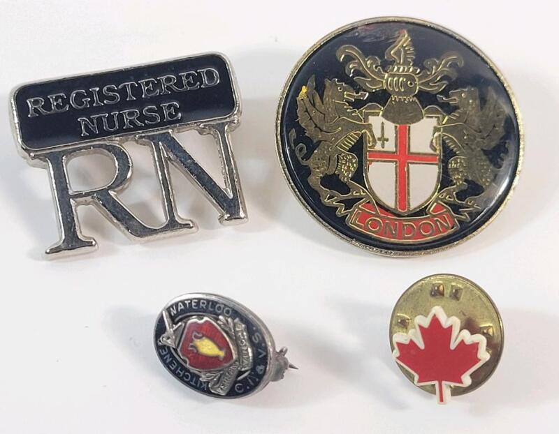 Vintage Pin Lot . Sterling Silver Waterloo Pin , London Pin , Registered Nurse Pin & Maple Leaf Pin . See photos for size