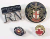 Vintage Pin Lot . Sterling Silver Waterloo Pin , London Pin , Registered Nurse Pin & Maple Leaf Pin . See photos for size