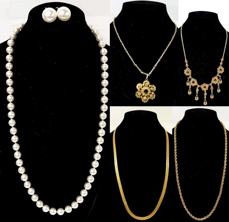 6 Vintage Necklaces incl Tied Faux Pearls With STERLING Stamped Clasp, Signed MARVELLA Faux Pearl Clip-Ons, Some Stones Missing, Up to 24" Long