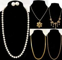 6 Vintage Necklaces incl Tied Faux Pearls With STERLING Stamped Clasp, Signed MARVELLA Faux Pearl Clip-Ons, Some Stones Missing, Up to 24" Long