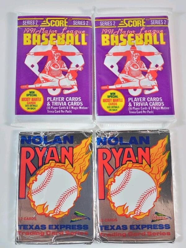 1991 Nolan Ryan Texas Express Sealed Trading Card Wax Packs (2) & 1991 Score Series 2 MLB Baseball Sealed Trading Card Wax Packs (2)