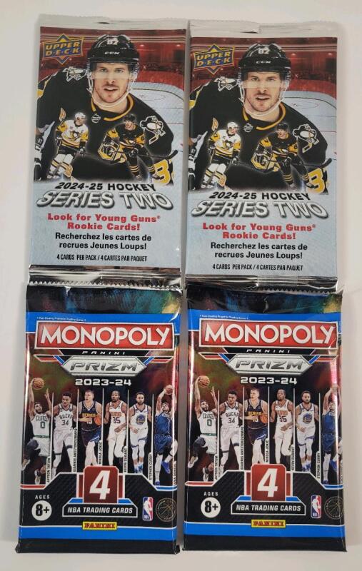 2024-25 UD Series Two NHL Hockey Sealed Trading Card Wax Packs (2) & 2023-24 Panini Prizm NBA Basketball Sealed Trading Card Wax Packs (2)