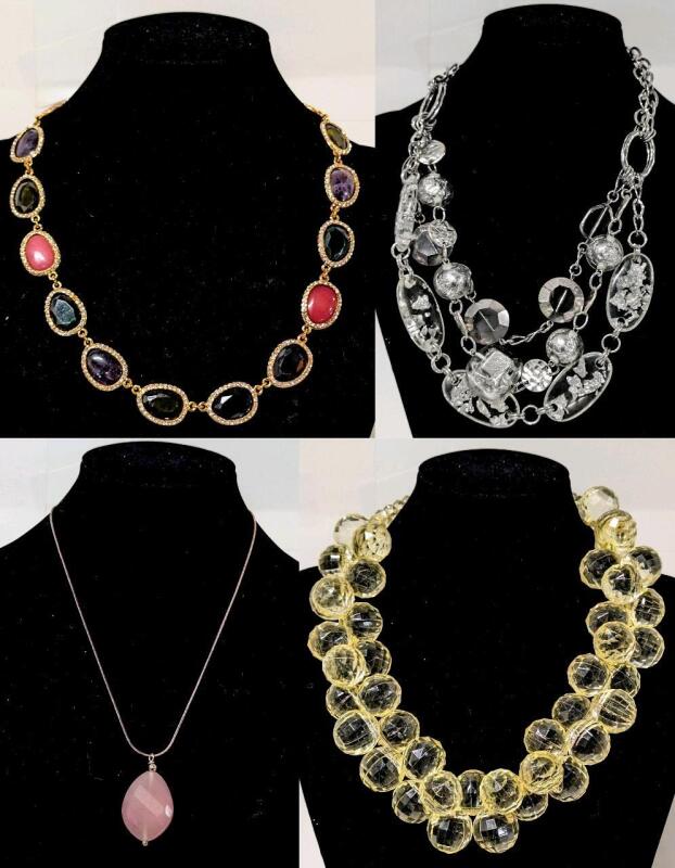 Vintage Signed RLL RALPH LAUREN Necklace, TRESKA Multi-Strand Ice Necklace, Chunky Acrylic Disco Ball Necklace + Faceted Rose Quartz Pendant on 15" Italian 925 Sterling Silver Chain