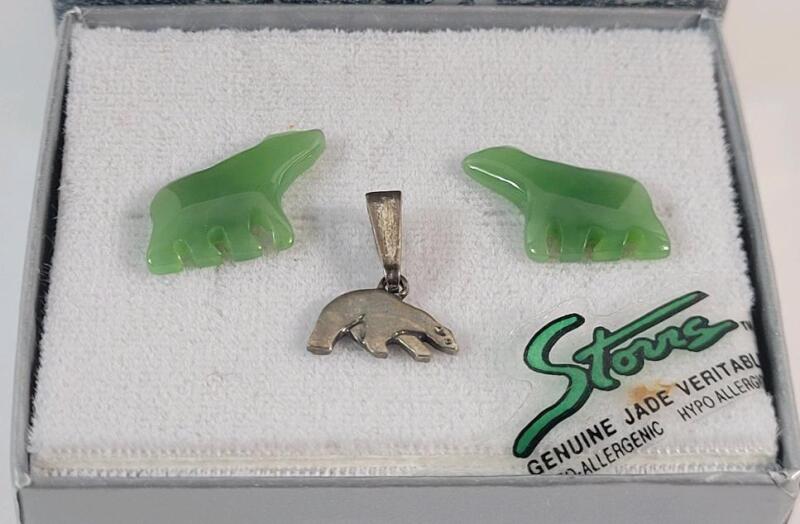 Sterling Silver Polar Bear Pendant & Jade Polar Bear Earring Set . See photos for size