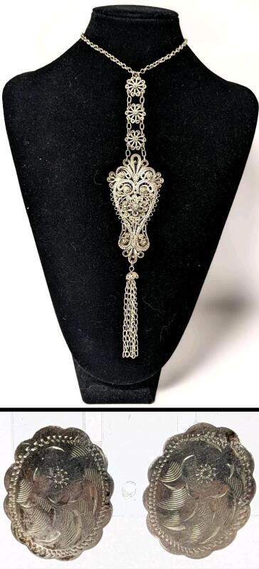 Signed Vintage BURKHARDT JEWELLERS Stamped STERLING Silver Pierced Earrings 0.8" Long & Large Old Intricate Chatelaine-Style Non-Magnetic Necklace With Tassel 20"