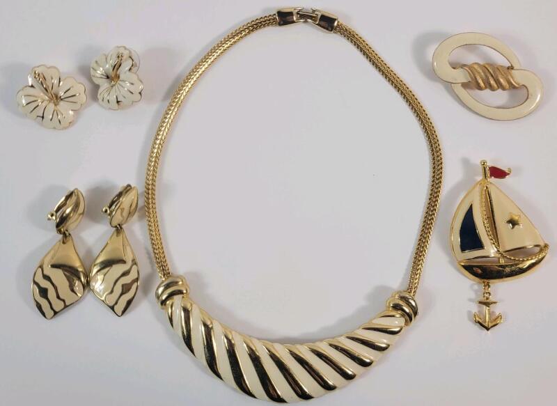 Cloisonne Jewelry Pieces Lot . Two (2) Earring Sets , Two (2) Brooches & Necklace