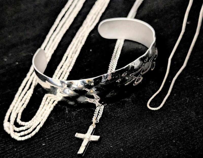Vintage Hammered Sterling Silver Open-Cuff Bracelet Marked 925 ITALY MJI, 17" Long Chain 925 Italy, Signed KEYES Cross on 18" Chain, Triple-Strand Necklace 925 18" Long