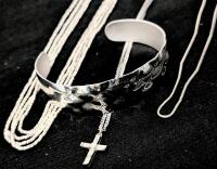 Vintage Hammered Sterling Silver Open-Cuff Bracelet Marked 925 ITALY MJI, 17" Long Chain 925 Italy, Signed KEYES Cross on 18" Chain, Triple-Strand Necklace 925 18" Long