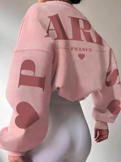 New Size Med Women's Casual PARIS FRANCE Back & Arm Print Crewneck Sweater