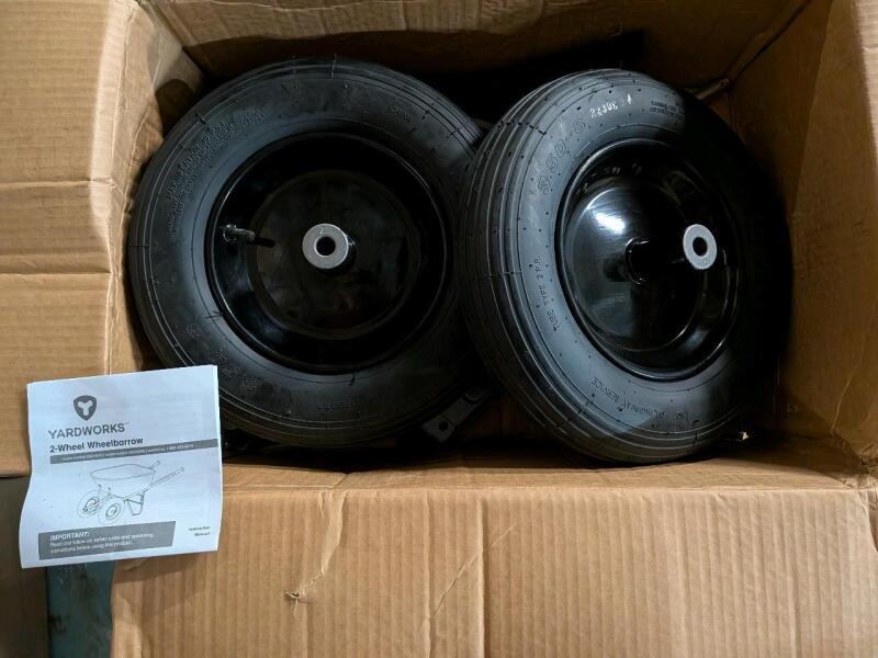 As New Parts to a Yardworks 2 Wheel Wheelbarrow. Wheels are 350-8. Does not include Bucket or Handles of Wheelbarrow.